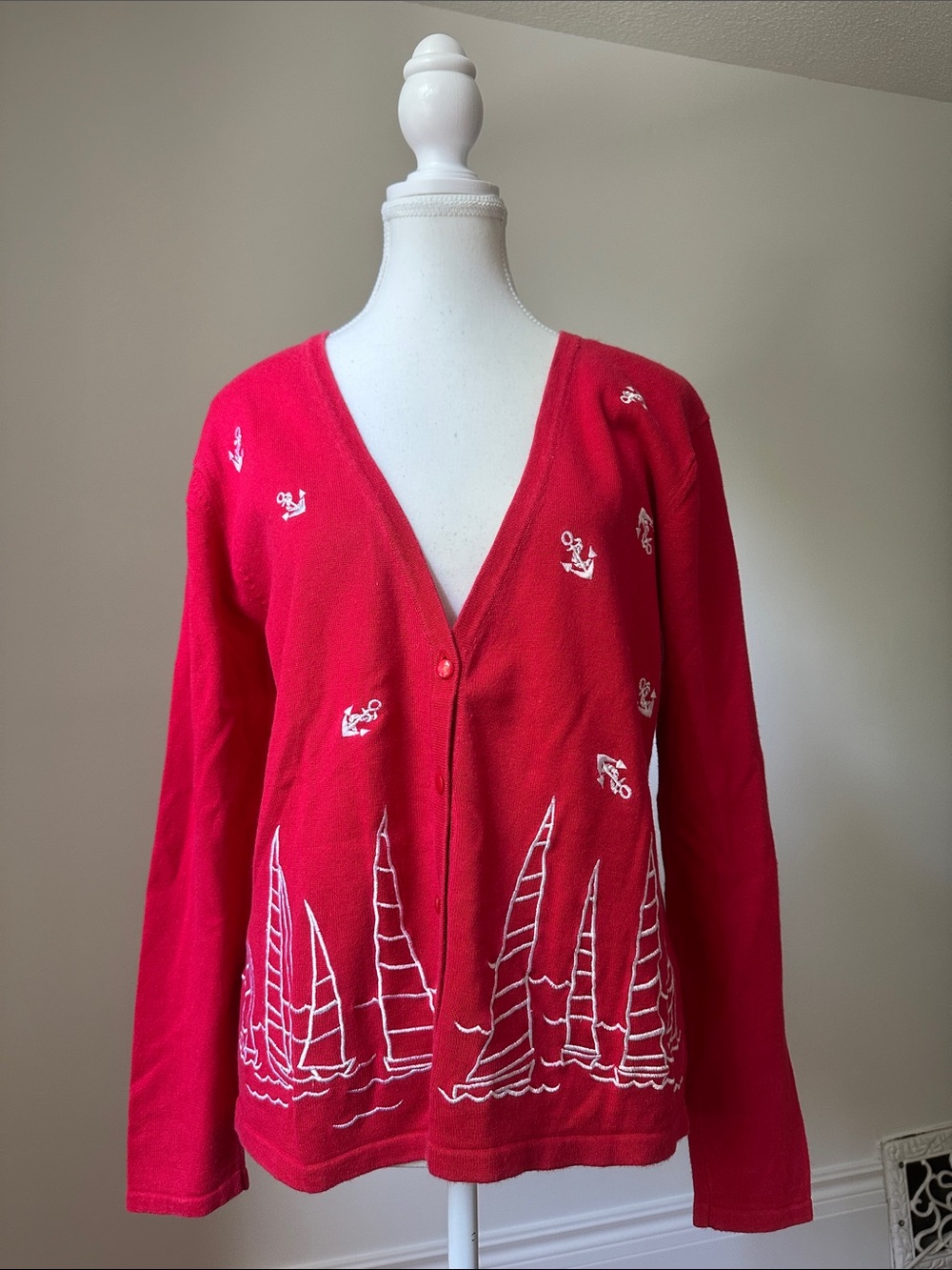 PBJ SPORT Vintage Red Cotton‎ Nautical Sailboat Anchor Theme Cardigan Medium